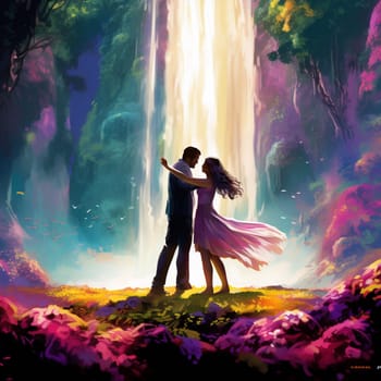 Generate an illustration in the art style of vibrant digital painting that portrays a breathtaking scene. Imagine a couple, dressed in elegant wedding attire, standing on a moss-covered rock beneath a towering waterfall. The cascading water creates a shimmering curtain, while colorful flowers and lush greenery surround the scene. The couple's arms are outstretched towards each other, their faces filled with love and anticipation, as they exchange heartfelt vows. Let their emotions and the magnificence of the natural setting evoke a sense of awe and enchantment.