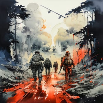 Soldiers amid red gray watercolor splashes powerful and evocative illustration.