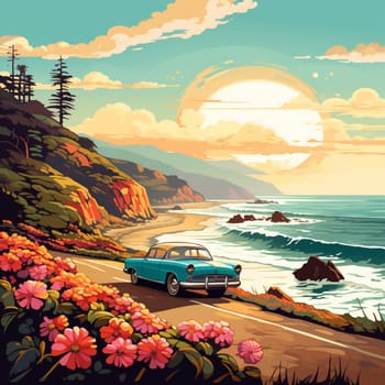 Take a trip back in time with this vibrant image of a vintage car covered in colorful flower decals, cruising down a sunlit coastal road. Reminiscent of retro travel posters from the 1960s, this art style captures the essence of a carefree and adventurous era.