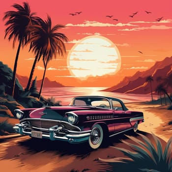 Transport yourself to a bygone era with this stunning image of a vintage car driving down a scenic coastal road during a vibrant sunset. The beautifully restored car exudes a sense of timeless elegance, evoking memories of a simpler time. Surrounding the car, you'll find palm trees swaying in the ocean breeze, rolling waves crashing against the shore, and the warm glow of the setting sun casting a magical aura. The art style used captures the essence of a nostalgic, dreamy, and romantic atmosphere, inviting viewers to immerse themselves in the beauty of the moment.