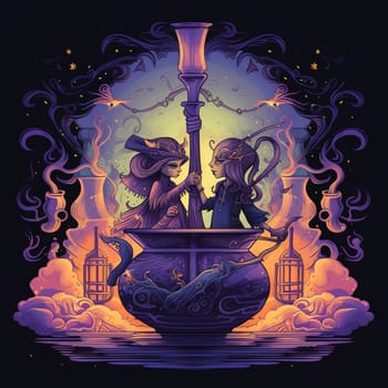 Step into a vibrant, whimsical world with this illustration depicting the concept of 'Harmony's Elixir: Vows Blended in a Potion of Eternal Love'. In this fantastical scene, a couple stands beside a bubbling cauldron, each holding a vial filled with colorful liquids symbolizing their individual vows. As they pour their respective potions into the cauldron, the elixir transforms into a vibrant and harmonious blend, radiating with love and enchantment. The image captures the joy and anticipation reflected on their faces as they witness the transformative power of their vows mixed together, symbolizing their everlasting bond. Let this artwork captivate you with its enchanting portrayal of the magic and promise of uniting souls through marriage.