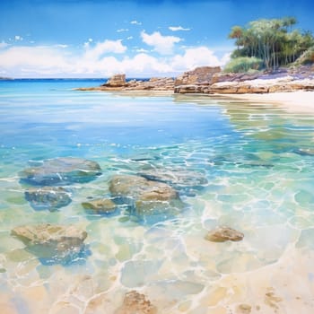 Imagine a tranquil ocean scene, presenting the peaceful symphony of water gently kissing the silky shores. In this image, the sunlight paints a magical canvas, casting a soft glow upon the crystal clear waters. The whispering ripples reflect a sense of calmness, inviting viewers to immerse themselves in the serenity of this idyllic coastal haven. Let your artistic vision bring forth the beauty and tranquility of a hidden paradise, capturing the essence of how water gracefully embraces the sandy shores.