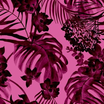 Seamless pattern with watercolor flowers in night jungle style