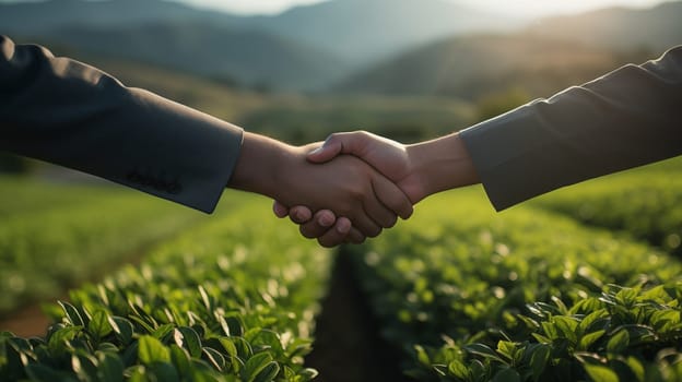 Handshake of two men in business suits against the background of tea plantations.