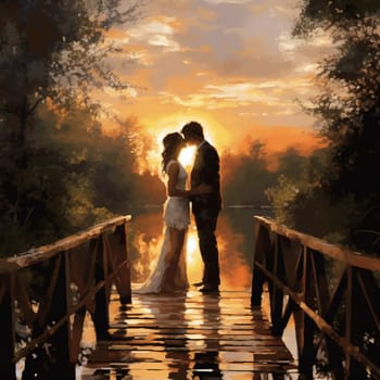Experience a heartwarming moment as two individuals stand on a rustic bridge at sunset, exchanging heartfelt vows that will bind them together for eternity. The bridge is adorned with blooming flowers and lush greenery, illuminated by rays of golden sunlight, creating a mesmerizing and peaceful ambiance. This image captures the beauty of love, commitment, and the beginning of a lifelong journey. It evokes emotions and inspires viewers seeking images related to vows, romance, and everlasting love. The vibrant colors, soft brushstrokes, and touch of dreaminess in the art style make this image captivating and sought-after on microstock sites.