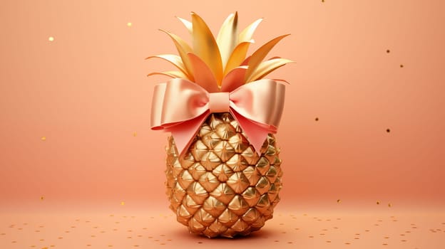 A golden pineapple with a pink bow is depicted on a peach background, golden confetti is scattered on the background.