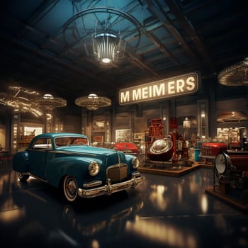 Step back in time with this beautifully restored vintage car showroom, illuminated with dim ambient light. The nostalgic scene captures a collection of vintage cars from different eras, each exuding its unique charm and character. Visitors, dressed in retro attire, admire the cars with awe, evoking a sense of nostalgia and appreciation for classic automobiles. This visually captivating artwork showcases the intricate details of the cars' design and captures the essence of a bygone era, inviting viewers to reminisce and marvel at the beauty of these timeless machines. Perfect for microstock sites and vintage art enthusiasts.