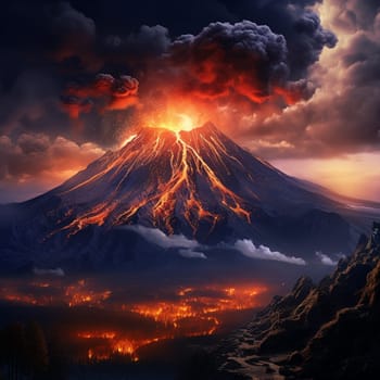 Experience the awe-inspiring beauty of nature with 'Magma's Serenade.' This mesmerizing image depicts a volcanic eruption at twilight, where molten lava gracefully flows down a mountainside, creating an ethereal glow that illuminates the surrounding landscape. The scene epitomizes a delicate harmony between the explosive power of nature and the serene beauty of the moment. Witness glowing ember-like sparks dancing in the air, wisps of smoke gracefully rising, and a star-studded night sky providing a striking backdrop, evoking a range of emotions in viewers. The vibrant and slightly surreal art style captures the scene's splendor, effortlessly captivating all who lay their eyes upon it.