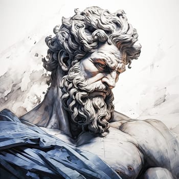 Zeus in watercolor haze on white mythical and ethereal illustration