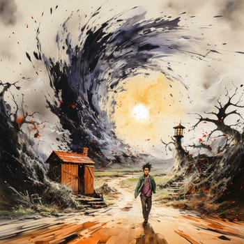 Young man against storms natural elements dramatic and intense illustration.