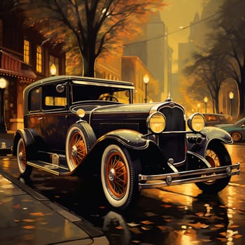 Embark on a journey through time with this captivating image of a vintage car cruising down memory lane. Capturing the essence of a bygone era, this image transports you back in time to an era of elegance and nostalgia. The art style of the image resembles an oil painting, with warm, nostalgic tones that evoke feelings of sentimentality and appreciation for the past.