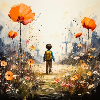 Small child amid huge watercolor flowers enchanting and whimsical illustration.