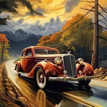 Embark on a journey through time with this captivating image of a vintage car cruising down memory lane. Capturing the essence of a bygone era, this image transports you back in time to an era of elegance and nostalgia. The art style of the image resembles an oil painting, with warm, nostalgic tones that evoke feelings of sentimentality and appreciation for the past.