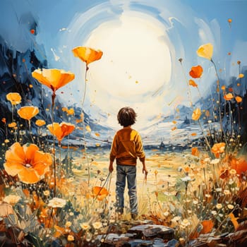 Small child amid huge watercolor flowers enchanting and whimsical illustration.