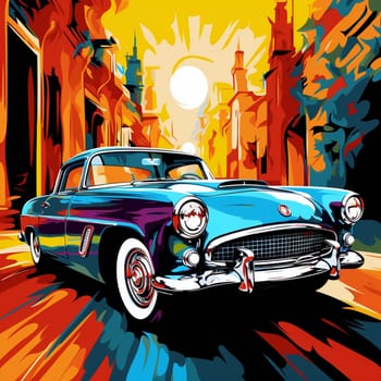 Immerse yourself in the vibrant world of Pop Art with this captivating depiction of a vintage car that exudes timeless elegance. The bold colors, strong contrasts, and graphical elements create a visually striking artwork that celebrates the nostalgic charm and iconic status of classic automobiles. Set against a dynamic backdrop, the vintage car's unmistakable silhouette captures attention and showcases its captivating presence. This artwork seamlessly fuses vintage aesthetics with a contemporary artistic approach, showcasing the enduring allure of these beautiful machines.