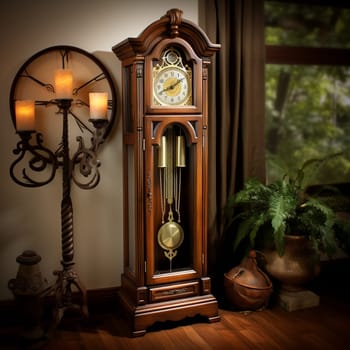 Experience the nostalgia and timeless beauty of vintage clocks with this image. A meticulously crafted antique grandfather clock takes center stage, adorned with intricate woodwork and ornate details. The scene exudes a cozy and serene atmosphere, as soft sunlight filters through the curtains, casting gentle shadows on the clock's face. The ethereal haze envelops the surroundings, evoking cherished memories and the passage of time. Subtle floral elements add a whimsical and elegant touch, infusing the image with a sense of romance. The aged texture and unique character of the clock, including its patina and small imperfections, contribute to its overall charm.