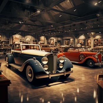 Step back in time with this beautifully restored vintage car showroom, illuminated with dim ambient light. The nostalgic scene captures a collection of vintage cars from different eras, each exuding its unique charm and character. Visitors, dressed in retro attire, admire the cars with awe, evoking a sense of nostalgia and appreciation for classic automobiles. This visually captivating artwork showcases the intricate details of the cars' design and captures the essence of a bygone era, inviting viewers to reminisce and marvel at the beauty of these timeless machines. Perfect for microstock sites and vintage art enthusiasts.