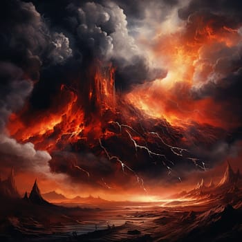 Witness the raw power and captivating beauty of volcanic eruptions in this microstock-friendly art style. The image portrays a fiery volcano erupting with enormous force, unleashing cascades of lava and billowing clouds of ash. The intense inferno and chaotic display of nature's might evoke feelings of awe and danger.