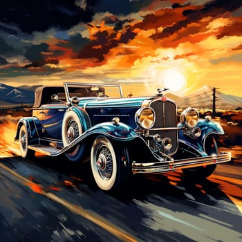 Step back in time with this stunning vintage car captured in a vibrant, retro art style. The artwork beautifully showcases the timeless beauty and allure of this iconic vehicle, creating a symphony of steel that resonates with automotive enthusiasts and art lovers alike.