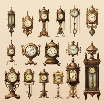 Step back in time with this hand-drawn vintage illustration that beautifully showcases a collection of exquisite antique clocks. Each clock in this sophisticated and harmonious arrangement is designed with unique details that add to its timeless charm and refinement. Admire the intricate craftsmanship and appreciate the history behind these elegant timepieces.