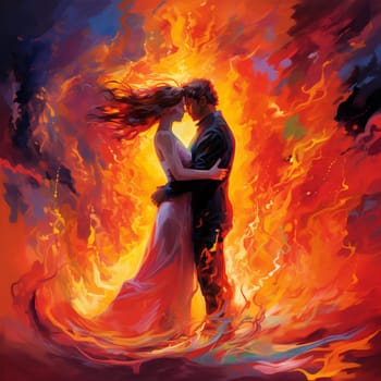 Experience the blazing intensity of love with this vibrant and dynamic artwork, titled 'Hearts Ablaze: Vows Illuminated by Fiery Passion'. In this captivating image, two figures exchange passionate vows amidst a blazing fire, symbolizing the raw and fervent emotions they share. The flames dance around the couple, representing the passion and heat of their love. The artwork conveys the transformative power of vows, capturing the electrifying atmosphere of this deeply emotional moment. The vibrant colors and dynamic art style create a visually striking scene that evokes a strong reaction from viewers, immersing them in the warmth and energy of the moment.