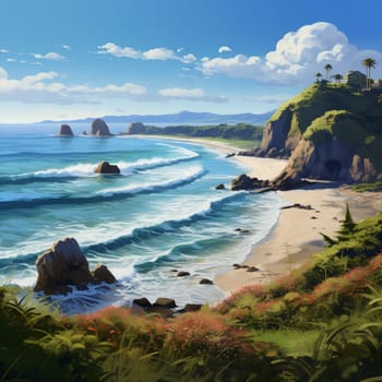 Experience the serene beauty of a peaceful coastline merging harmoniously with the ocean in this vibrant yet realistic artwork. The artwork captures the essence of tranquility as the waves gently caress the shore, creating a sense of peace and harmony between land and sea.