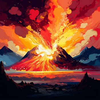 Experience the awe-inspiring power of nature with this surreal volcanic eruption depicted in a vibrant, abstract art style. The eruption is engulfed in hues of fiery oranges, reds, and yellows, conveying the intense heat and energy of the molten lava. Thick plumes of smoke billow out from the volcano, adding to the sense of danger and chaos. The surrounding landscape showcases a stark contrast between the destructive force of the eruption and the tranquility of nature. Towering mountains serve as a backdrop, emphasizing the magnitude of the eruption. Lush vegetation and a clear sky further highlight the juxtaposition, reminding viewers of the fragile balance between destruction and harmony. This image is sure to evoke feelings of awe, danger, and fascination.