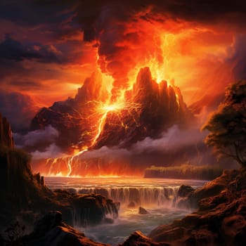 Experience the artistic portrayal of nature's raw power and beauty with this mesmerizing scene titled 'Flaming Cascade.' It depicts a volcanic eruption cascading down a mountain, unleashing vibrant orange lava into a river. The result is a breathtaking display that showcases the remarkable force of nature. The scene is enhanced by the presence of a diverse array of onlookers, capturing their awe-struck expressions as they witness this awe-inspiring phenomenon.