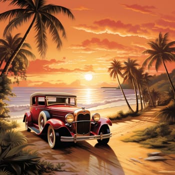Transport yourself to a bygone era with this stunning image of a vintage car driving down a scenic coastal road during a vibrant sunset. The beautifully restored car exudes a sense of timeless elegance, evoking memories of a simpler time. Surrounding the car, you'll find palm trees swaying in the ocean breeze, rolling waves crashing against the shore, and the warm glow of the setting sun casting a magical aura. The art style used captures the essence of a nostalgic, dreamy, and romantic atmosphere, inviting viewers to immerse themselves in the beauty of the moment.