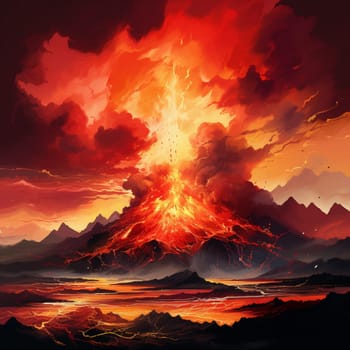 Experience the awe-inspiring power of nature with this surreal volcanic eruption depicted in a vibrant, abstract art style. The eruption is engulfed in hues of fiery oranges, reds, and yellows, conveying the intense heat and energy of the molten lava. Thick plumes of smoke billow out from the volcano, adding to the sense of danger and chaos. The surrounding landscape showcases a stark contrast between the destructive force of the eruption and the tranquility of nature. Towering mountains serve as a backdrop, emphasizing the magnitude of the eruption. Lush vegetation and a clear sky further highlight the juxtaposition, reminding viewers of the fragile balance between destruction and harmony. This image is sure to evoke feelings of awe, danger, and fascination.
