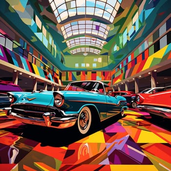 Experience the nostalgia and excitement of a vibrant museum scene, featuring a collection of iconic vintage cars from different eras. This colorful pop art illustration takes inspiration from the 1960s and perfectly captures the timeless charm of the cars on display. The scene showcases visitors exploring the museum, surrounded by dynamic lighting and bold retro patterns, creating a visually stunning and eye-catching composition.