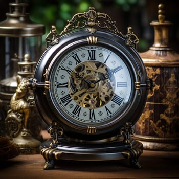 Get lost in the allure of time with this image depicting an elegant, vintage clock with intricate details and a mesmerizing mechanism. The focus of the image is on the delicate hands of the clock, showcasing their intricate movements and the artistry that went into their design. The clock is set in a beautifully ornate setting, evoking a sense of nostalgia and transporting viewers back to a bygone era. This image strikes a perfect balance between artistic aesthetics and functional precision, captivating viewers with the timeless beauty of vintage clocks' craftsmanship.