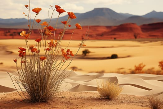 Bush of dry plants with flowers in an arid sandy area. Nature in a dry climate.