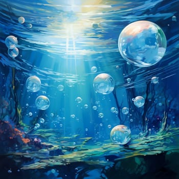 Immerse yourself in the enchanting beauty of this underwater scene, featuring multiple transparent spheres gracefully floating in a vast expanse of shimmering blue water. The spheres reflect the vibrant colors of the surrounding environment, creating a mesmerizing and ethereal visual effect. The deep blue water is adorned with subtle ripples that catch and reflect the gentle sunlight, infusing the scene with a sense of tranquility and mystery. Journey into your imagination and explore the captivating allure of the aquatic world with this breathtaking image.