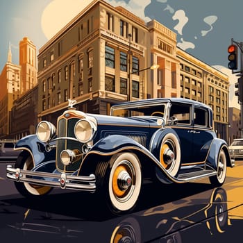 Get ready to step back in time with this stunning vintage car illustration in an art deco style. This visually striking artwork showcases a sleek, classic automobile gliding through a vibrant cityscape at dusk, capturing the essence of nostalgia and luxury. The car's chrome accents gleam under the warm glow of streetlights, while its elegant curves and iconic design elements evoke an era of sophistication and style. Whether you're a collector, a car enthusiast, or simply longing for a touch of the glamorous past, this artwork is sure to captivate you.