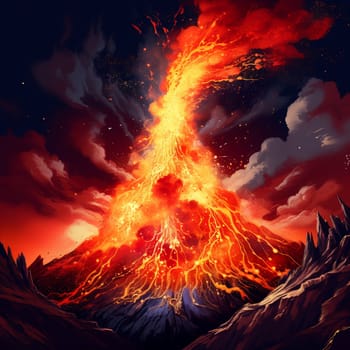 Experience the captivating power of nature with this vibrant and dynamic artwork featuring a flaming tornado erupting from a volcano. This stunning image is suitable for microstock sites and will surely catch the eye of viewers looking for bold and captivating visuals.