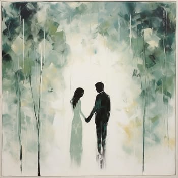 Step into a world of tranquility and contentment with this minimalist art piece titled 'Tranquil Promise: Vows Whispered within Serene Surroundings'. The artwork showcases a serene outdoor setting with soft, pastel colors and lush greenery. In the center, two figures, represented as silhouettes or abstract forms, stand facing each other. Their hands are gently clasped, symbolizing an exchange of vows and a promise of love. The minimalist style of the art enhances the overall atmosphere of calmness and serenity.