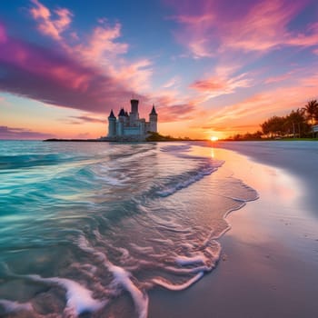 Immerse yourself in the beauty of this serene beach scene! The crystal clear turquoise water gently laps against the shore, creating a tranquil atmosphere. In the foreground, a small sand castle stands tall, untouched by the approaching tide, symbolizing the sense of fleeting moments frozen in time. The sky is ablaze with hues of orange and pink as the sun sets on the horizon, casting a warm glow over the scene. Just beyond the shoreline, a majestic wave forms, frozen in time, capturing the essence of perpetual motion and the timeless power of the ocean. The vibrant colors and calm, yet powerful energy of this everlasting surge are beautifully depicted in this artwork's artistic style.