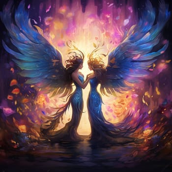 Experience the enchantment of a magical scene where two beings from different worlds come together to exchange vows amidst a radiant glow. One being is ethereal, with glowing wings that cast an otherworldly light, while the other is a mythical creature with shimmering scales, reflecting the magical energy of the moment. The background depicts a luminous nexus of colorful energy, symbolizing the convergence of their vows and the merging of two worlds. The art style is dreamlike and whimsical, with a touch of fantasy, transporting you to a realm where love knows no boundaries.