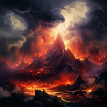 Behold the raw power and intensity of nature's fury in this visually captivating artwork titled 'Scorching Tempest'. This dynamic piece showcases a volcanic eruption with vibrant colors and bold brush strokes, creating a visually stunning depiction of the cataclysmic event. Lava spews from the volcano, engulfing the scene in fiery hues, while billowing clouds of smoke create an ominous atmosphere. In the foreground, glowing embers flicker and float, adding to the sense of danger and awe. The backdrop features a silhouetted landscape, accentuating the scale and magnitude of the eruption. Frightened onlookers can be seen in the distance, their tiny figures serving as a reminder of the immense power of nature. The composition is carefully balanced, drawing the viewer's attention and inviting them to pause and marvel at this breathtaking display of nature's might.