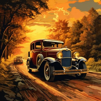 Embark on a journey through time with this captivating image of a vintage car cruising down memory lane. Capturing the essence of a bygone era, this image transports you back in time to an era of elegance and nostalgia. The art style of the image resembles an oil painting, with warm, nostalgic tones that evoke feelings of sentimentality and appreciation for the past.