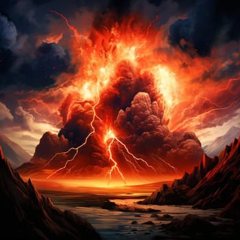 Experience the raw power and intensity of a volcanic eruption in this vibrant and captivating digital illustration. Titled 'Volcanic Tremor,' this artwork showcases a breathtaking scene that will surely captivate viewers. Marvel at the swirling plumes of volcanic ash, the mesmerizing sight of molten lava cascading down the slopes, and the fiery explosions that light up the sky. This image perfectly captures the destructive force and awe-inspiring beauty of nature's fiery display. The contrast between the dark, rugged landscape and the fiery eruption adds another layer of visual impact.