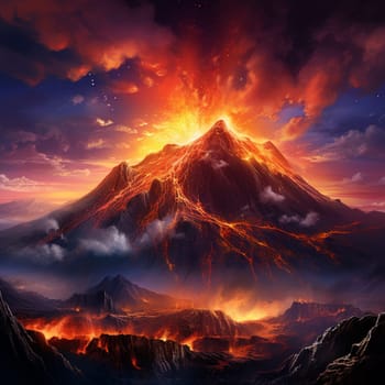 Experience the awe-inspiring beauty of nature with 'Magma's Serenade.' This mesmerizing image depicts a volcanic eruption at twilight, where molten lava gracefully flows down a mountainside, creating an ethereal glow that illuminates the surrounding landscape. The scene epitomizes a delicate harmony between the explosive power of nature and the serene beauty of the moment. Witness glowing ember-like sparks dancing in the air, wisps of smoke gracefully rising, and a star-studded night sky providing a striking backdrop, evoking a range of emotions in viewers. The vibrant and slightly surreal art style captures the scene's splendor, effortlessly captivating all who lay their eyes upon it.