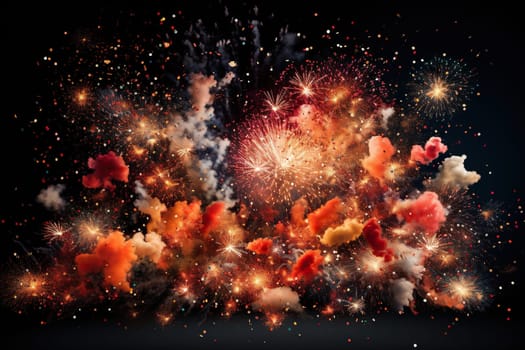 Bright colorful fireworks with clouds of smoke in the night sky.