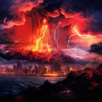 Immerse yourself in the surreal and vibrant scene of the "Volcanic Pulse". This image captures the essence of a futuristic cityscape nestled at the base of a monstrous volcano, unleashing a pulsating eruption that illuminates the sky with intense colors. The scene showcases flying lava rocks suspended in mid-air, casting ominous shadows on the city below, adding an element of danger and awe. The art style combines digital illustration and modern mixed media techniques, resulting in a visually striking image that will captivate viewers on microstock sites.