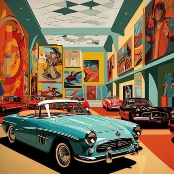 Experience the nostalgia and excitement of a vibrant museum scene, featuring a collection of iconic vintage cars from different eras. This colorful pop art illustration takes inspiration from the 1960s and perfectly captures the timeless charm of the cars on display. The scene showcases visitors exploring the museum, surrounded by dynamic lighting and bold retro patterns, creating a visually stunning and eye-catching composition.