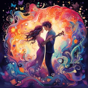 Step into a world of vibrant colors and whimsical art with this enchanting image. In the backdrop, a magical symphony of colorful musical notes and instruments creates a captivating scene, harmonizing in perfect unison behind the two characters. These characters represent different souls, coming together to exchange heartfelt vows. Radiating with an ethereal glow, they symbolize love and unity. One character exhibits a joyful playfulness, while the other emanates a serene and contemplative demeanor. Through their vows, these souls intertwine their destinies, leaving viewers captivated and inspired by the emotional beauty depicted in this vibrant and whimsical artwork.