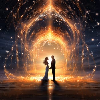 Immerse yourself in a world of love and cosmic wonder with this vibrant and surreal image. Witness a couple standing under a glowing cosmic archway, surrounded by intertwining celestial elements as they exchange heartfelt vows. The fantasy-inspired art style adds an ethereal beauty to the scene, captivating viewers and evoking emotions of love, wonder, and cosmic connection.