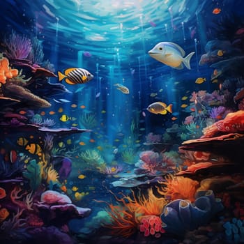 Embark on a mesmerizing visual journey into the enigmatic fathoms of the ocean with this surreal representation in an impressionist art style. The image captures the awe-inspiring beauty of underwater life, featuring vibrant colors and ethereal lighting that transport viewers to tropical coral reefs, where exotic sea creatures dwell amidst mysterious underwater caves. Encapsulating the untamed mysteries that lie beneath the ocean's surface, this artwork evokes a sense of wonder and curiosity, leaving viewers captivated by the unknown wonders of the deep sea.
