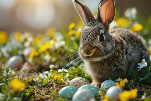 A cute rabbit on the background of a green forest, surrounded by Easter eggs and colorful flowers, creates an atmosphere of spring celebration and joy.